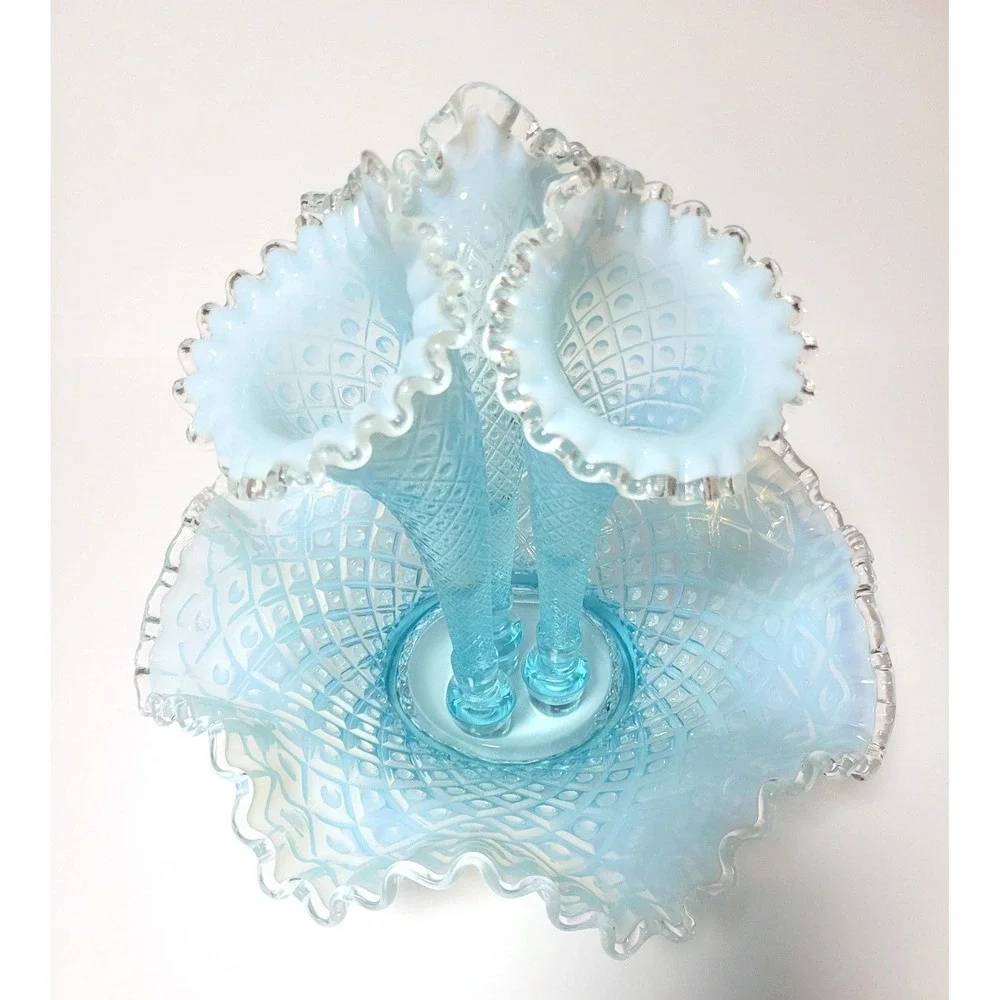 Vintage Fenton Opalescent‎ Aqua Diamond Lace Epergne Centerpiece Vase 3 Horn